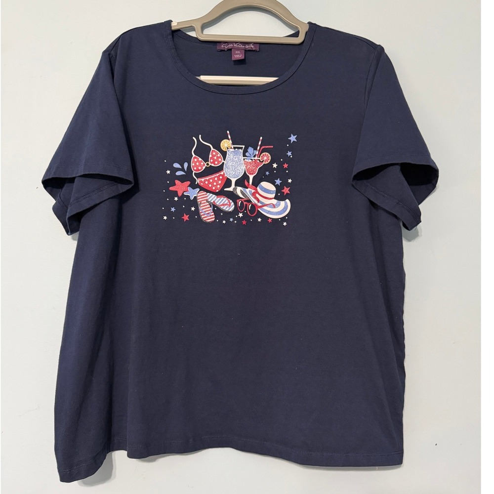 Gloria Vanderbilt XXL Navy Blue Summer Beach Graphic Tee Red White Blue 2254